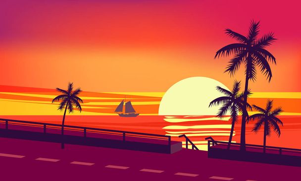Zonsondergang, Oceaan, avond, palm bomen zee oever, vector, illustratie, geïsoleerd, cartoon stijl - Vector, afbeelding
