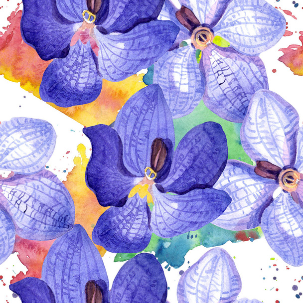 Орхидея голубая ванда. Бесшовный рисунок фона. Ткань обои печать текстуры. Aquarelle wildflower for background, texture, wrapper pattern, frame or border
. - Фото, изображение