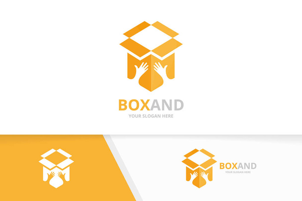 Vector box and hands logo combination. Package and embrace symbol or icon. Unique delivery and team, friendship logotype design template. - Vector, Image