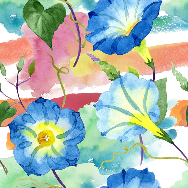 Ipomoea kék. Virágos botanikai virág. Varratmentes háttérben minta. Szövet nyomtatási textúrát. A háttér textúra, burkoló minta, keret vagy határ Aquarelle vadvirág. - Fotó, kép