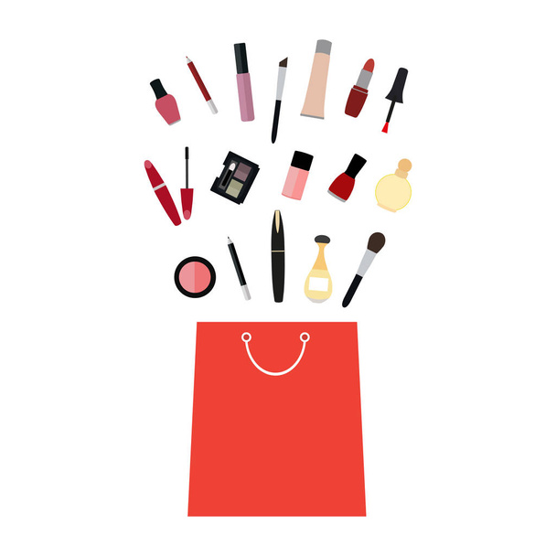 set of cosmetics in a red bag on a white background - Вектор,изображение