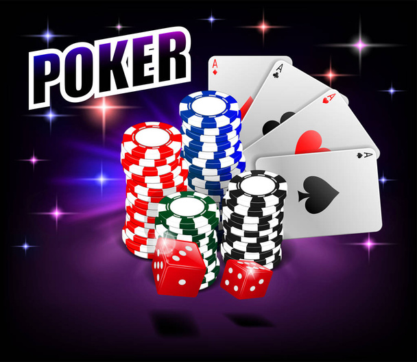 Casino Gambling Poker background design. Poker banner with chips, playing cards and dice. Online Casino Banner on shiny background. Vector illustration. - Vector, Image