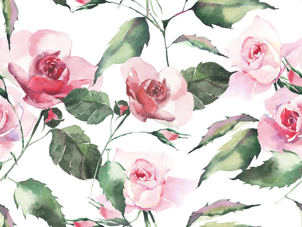 Tender gentle sophisticated wonderful lovely cute spring floral herbal botanical red powdery pink violet roses with green leaves pattern watercolor hand sketch. Perfect for textile - Foto, imagen