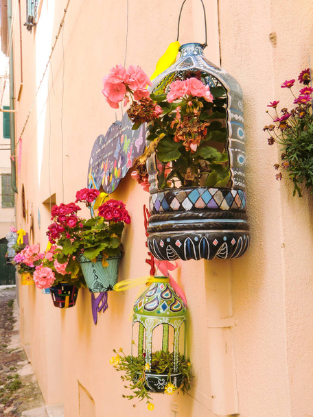 Alghero, Flowers hanging on walls outside the Row of houses above city wall, Italy, Sardinia, Sassari - Foto, afbeelding