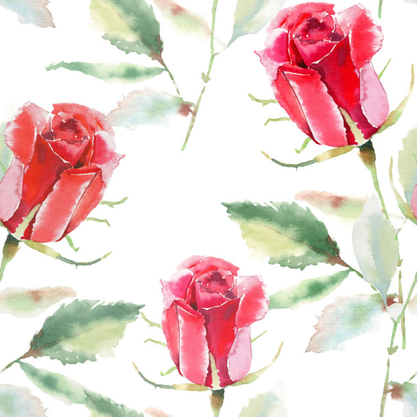 Beautiful bright sophisticated wonderful lovely spring summer floral herbal botanical bright red rustic roses with green leaves pattern watercolor hand sketch. Perfect for cards, textile - Photo, image