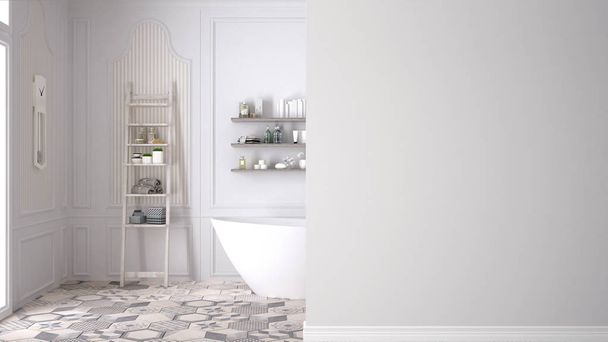 klassisches Badezimmer an einer Vordergrundwand, Innenarchitekturkonzept mit Kopierraum, leerer Hintergrund - Foto, Bild