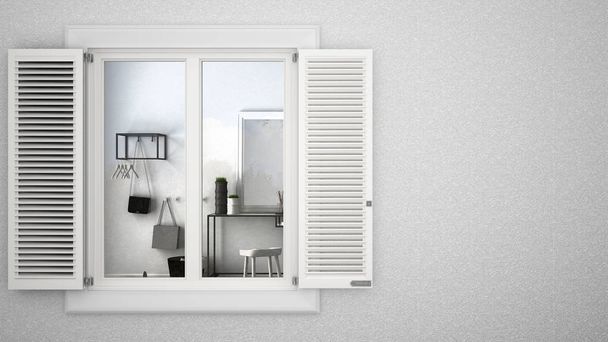 Außenputzwand mit weißem Fenster mit Rollläden, zeigt innen modernes Wohnzimmer, leerer Hintergrund mit Kopierraum, architektonisches Gestaltungskonzept - Foto, Bild