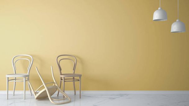 Концепція мінімалістичного архітектора з трьома класичними дерев'яними стільцями, один стілець перевернутий на жовтий фон і мармурова підлога, дизайн інтер'єру вітальні з копією простору
 - Фото, зображення
