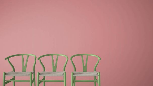 Minimalistische architect ontwerper concept met drie klassieke groene pastel stoelen op roze monochrome achtergrond, woonkamer interieur met kopie ruimte - Foto, afbeelding
