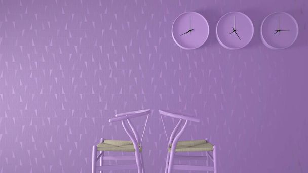 Minimalist architect designer concept, monochrome waiting living room with classic wooden chairs and wall clocks on violet geometric wallpaper background, interior design idea with copy space - Photo, Image