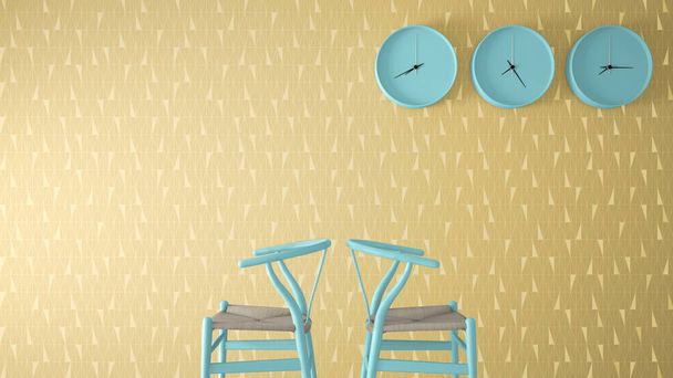 黄色の幾何学的な壁紙の背景、コピー スペースのインテリア デザインのアイデアでミニマルな建築家デザイナーのコンセプト、待っているリビング ルーム ブルー クラシック木製椅子と壁時計します。 - 写真・画像