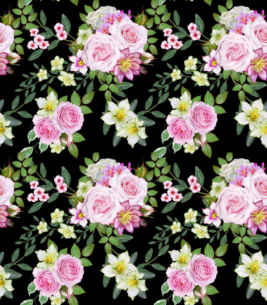 Floral seamless pattern. Flower arrangement, bouquet of delicate beautiful pink roses, green leaves. - Photo, Image