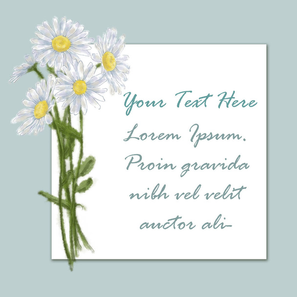 Daisy Bouquet on Blue with Message Card for Your Text. Blank Card Decorated with Chamomile Bunch. Wildflowers Decorated Message Card Isolated on white. - Foto, Imagen