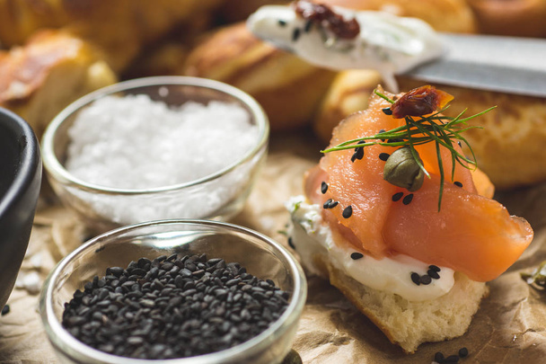 Smoked Salmon Canape Finger Food with Cream Cheese, Fresh Dill and Black Sesame - Fotoğraf, Görsel