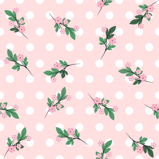 French model of textile drawing millefler. Scattering of small branches with pink flowers on pale pink background with white polka dots - Vector, afbeelding