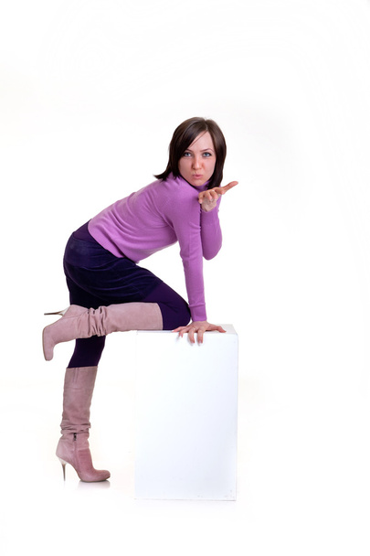 Girl Posing on a white cube - Фото, зображення