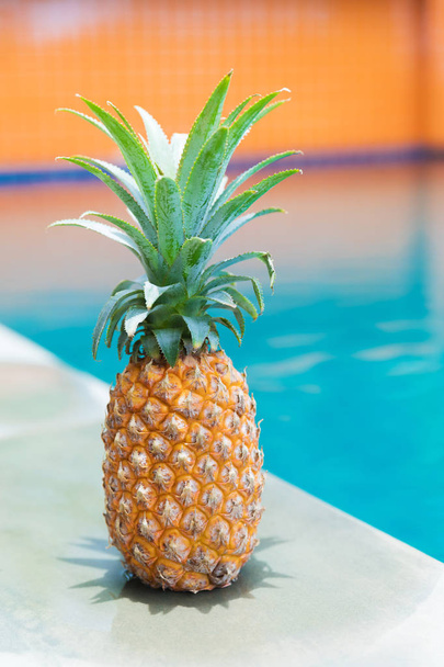 Fresh yellow pineapple tropic fruit summer refreshment near swimming pool - Photo, image