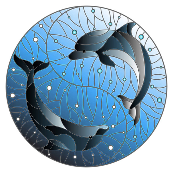 Illustration im Glasmalereistil mit zwei Delfinen auf dem Hintergrund von Wasser- und Luftblasen in Form des Yin Yang-Zeichens - Vektor, Bild