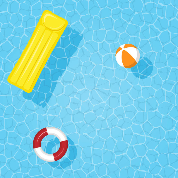 Water in the pool with an inflatable circle, mattress and ball. Place for text. Vector illustration. - Vettoriali, immagini