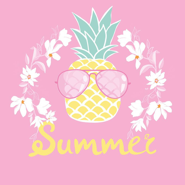 pineapple with glasses tropical, vector, illustration, design, exotic, food, fruit - Vektör, Görsel
