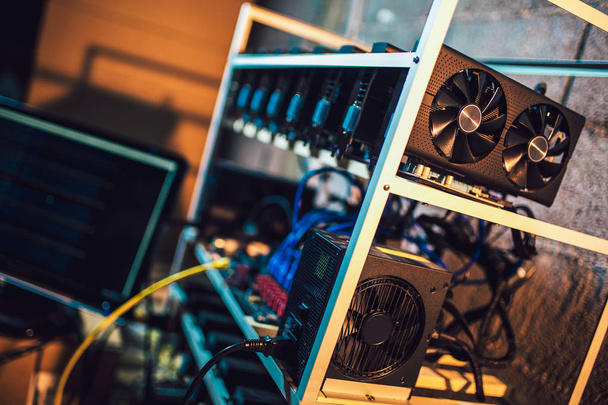 Computer with graphic cards for cryptocurrency mining - Fotoğraf, Görsel
