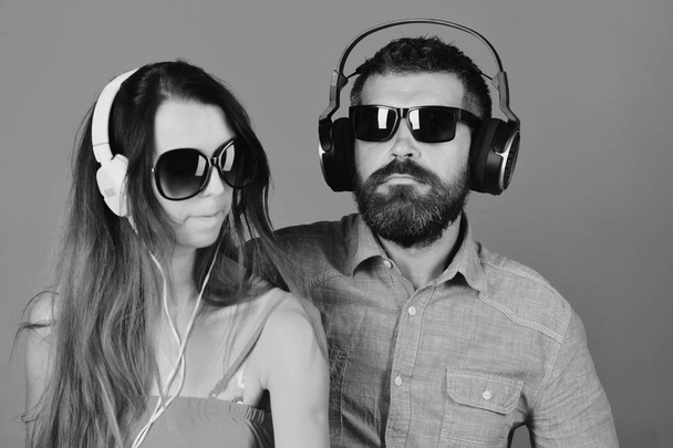 Caraoke or Dj music song. Man with beard and girl sing on blue background. - Fotografie, Obrázek