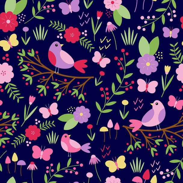 Vector seamless pattern of colourful birds, branches, butterflies, flowers and leaves on a navy blue background. Great for wrapping paper, dressmaking fabric and bedroom decor. - Вектор,изображение