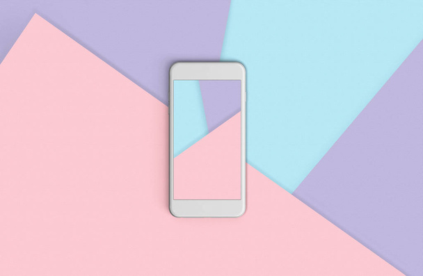 Telefono con schermo colorato sulla vista dall'alto, sfondo in colori pastello
. - Foto, immagini