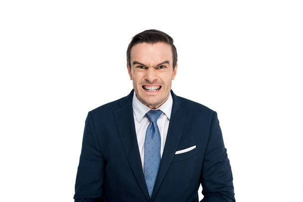 angry middle aged businessman looking at camera isolated on white - Photo, Image