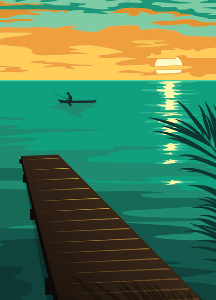 maisema siluetti kalastajien veneessä auringonlaskun aikaan. vektorikuvaus
 - Vektori, kuva
