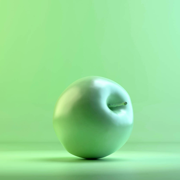 Omenan renderointi. 3D suunnittelu mockup. Kaikki esineet ja tausta maalattu yhdellä kirkkaalla värillä. Täydellinen yksivärinen kuva. Yhteensä vihreä väri
. - Valokuva, kuva