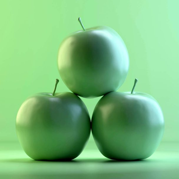 Omenoiden renderointi. 3D suunnittelu mockup. Kaikki esineet ja tausta maalattu yhdellä kirkkaalla värillä. Täydellinen yksivärinen kuva. Yhteensä vihreä väri
. - Valokuva, kuva