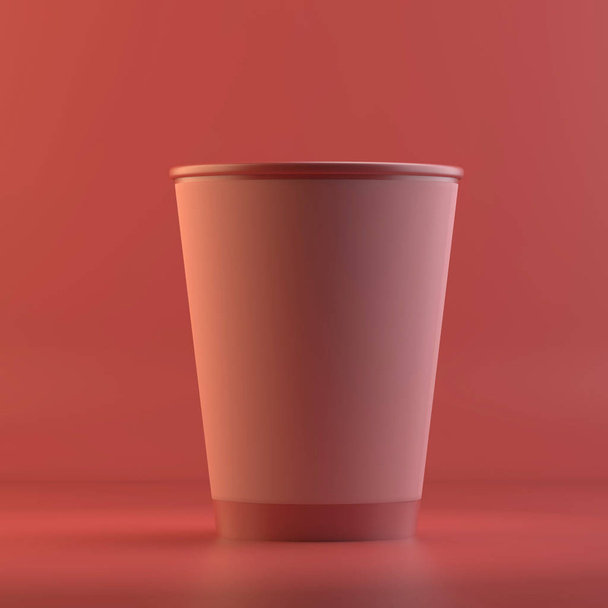 Kağıt kahve fincan oluşturma. 3D tasarım mockup. Tüm nesneleri ve arka plan bir parlak renkte boyanmış. Tam tek renkli resimde. Toplam kırmızı renk. - Fotoğraf, Görsel