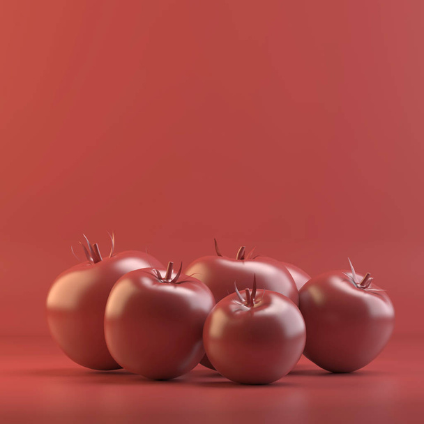 Tomaattien renderöinti. 3D suunnittelu mockup. Kaikki esineet ja tausta maalattu yhdellä kirkkaalla värillä. Täydellinen yksivärinen kuva. Punainen väri yhteensä
 - Valokuva, kuva