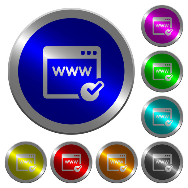 Domain-Registrierungssymbole auf runden, leuchtenden, münzähnlichen Stahlknöpfen - Vektor, Bild