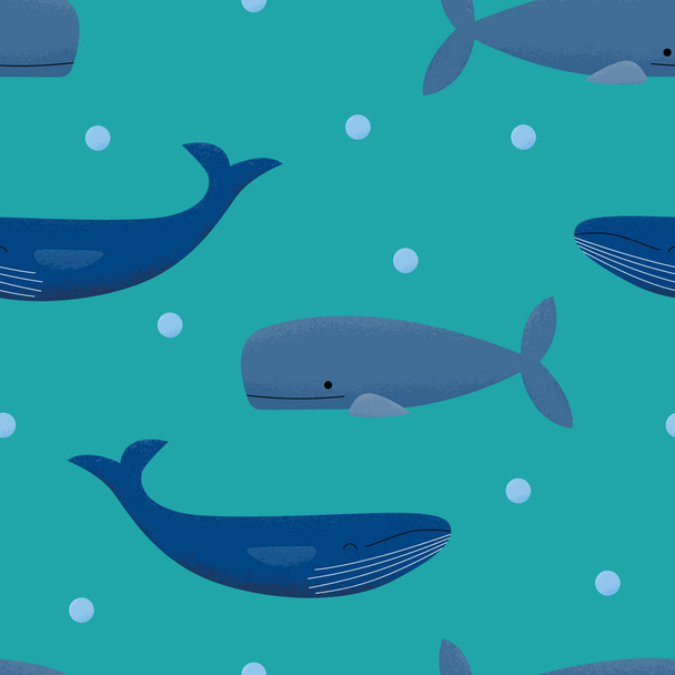 Vector seamless pattern of textured sperm whales, humpback whales and bubbles on a green background. Great for children's decor, wrapping paper, home textiles, notebook covers. - Vektor, Bild