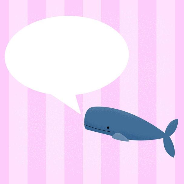 Ilustración vectorial de una ballena con una burbuja de habla para su propio mensaje sobre un fondo rosa rayado. Ideal para tarjetas de felicitación, almohadillas de notas, cuadernos, plantillas de papelería
. - Vector, imagen