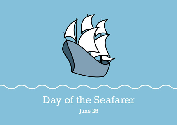 Tag des Seefahrervektors. altes Segelschiff. Segelboot-Vektor-Symbol. Schiff auf blauem Hintergrund. Wichtiger Tag - Vektor, Bild