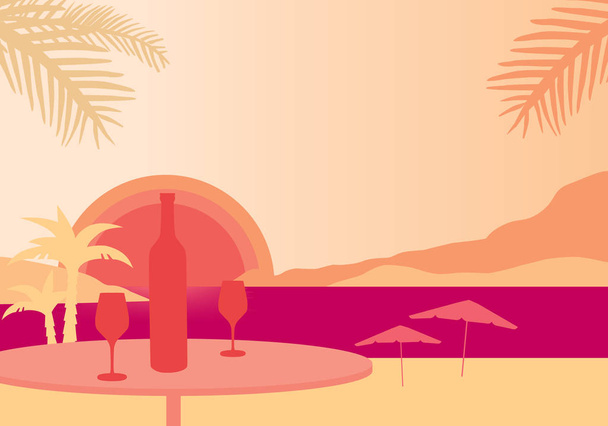 Tropisch strand met ligstoelen, zee met zonsondergang, tabel met fles wijn en twee glazen - vector - Vector, afbeelding