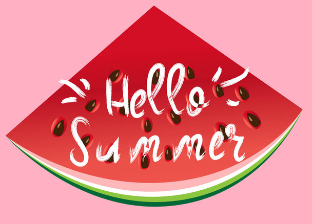 Hello summer greeting card, poster, print. Vector typographical background with watermelon slice abstract paint texture. - Vector, afbeelding