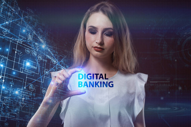 The concept of business, technology, the Internet and the network. A young entrepreneur working on a virtual screen of the future and sees the inscription: Digital banking - Photo, Image