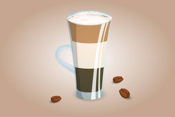 Three layer coffee drink in a transparent cup with milk foam. Unusual coffee serving. Vector illustration - ベクター画像
