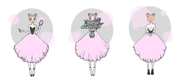 Three cute girls in pink dresses. Hand drawn illustration. Design of children's poster. - Vektör, Görsel