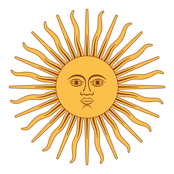 5 月、スペインのソル ・ デ ・ マヨ、アルゼンチンの国の旗で国章の太陽。顔と 16 ストレート 16 波状光線と輝く黄金黄色い太陽。白の図。ベクトル. - ベクター画像