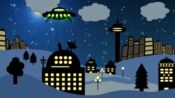 Ufo fliegt über Sternwarte (Karikatur)) - Filmmaterial, Video
