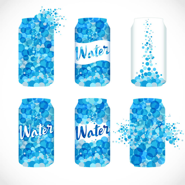 Set of metaliic cans, sodas logotype. Isolated abstract canned drinking liquid emblem. Stained blue, white ad idea, trendy wave graphic template. Cool drops bubbly bunch. Brand sign, company identity - Vector, Image