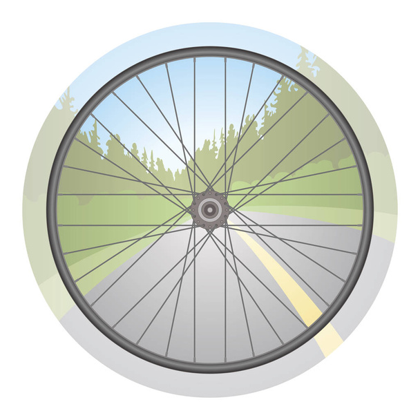 τροχό του ποδηλάτου με το τοπίο και δρόμο στο παρασκήνιο - Διάνυσμα, εικόνα