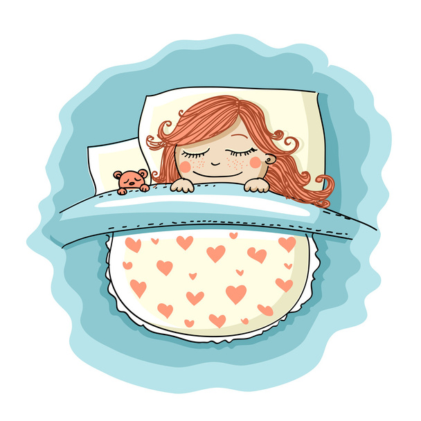 girl sleeping in the bed with her teddy bear - Vector, Image