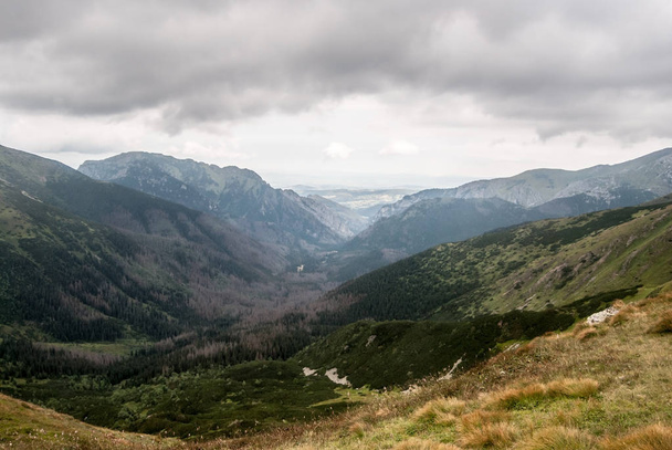 вид на Долину Пышнянскую и Долину Костелискую долину с вершинами вокруг от Писне седло на словацко-польских границах в горах Западных Татр
 - Фото, изображение