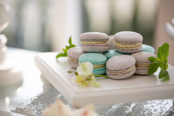 Multicolored macaroons and fresh mint closeup on a platter. wedding reception - Photo, Image